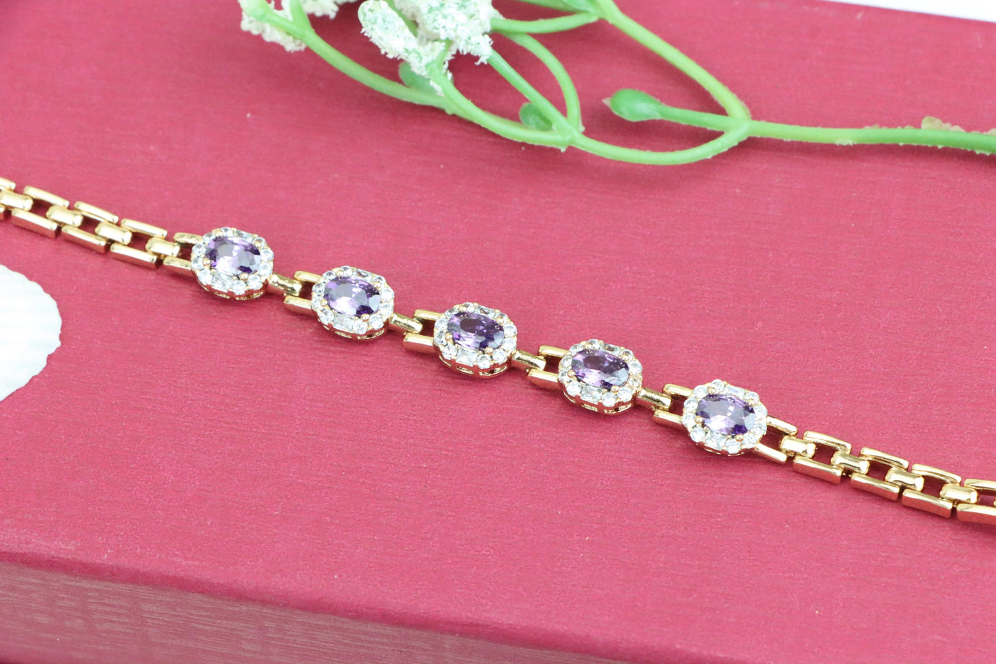 Rose Gold Bracelet with Purple Stones and Halo CZ Accents, XPBL1010 (2101-9)