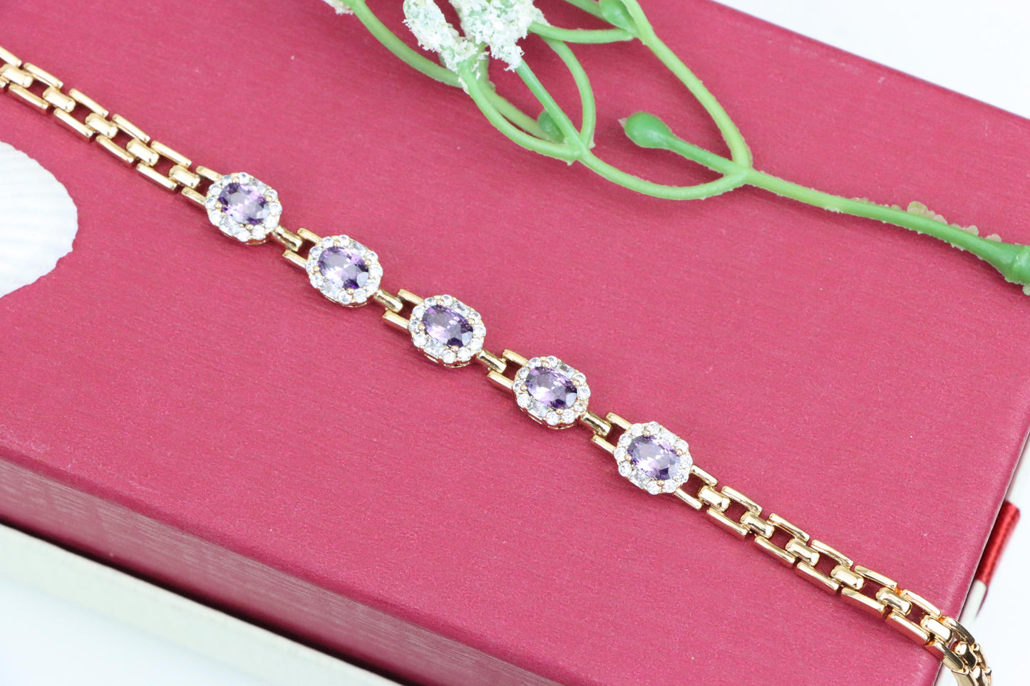 Rose Gold Bracelet with Purple Stones and Halo CZ Accents, XPBL1010 (2101-9)