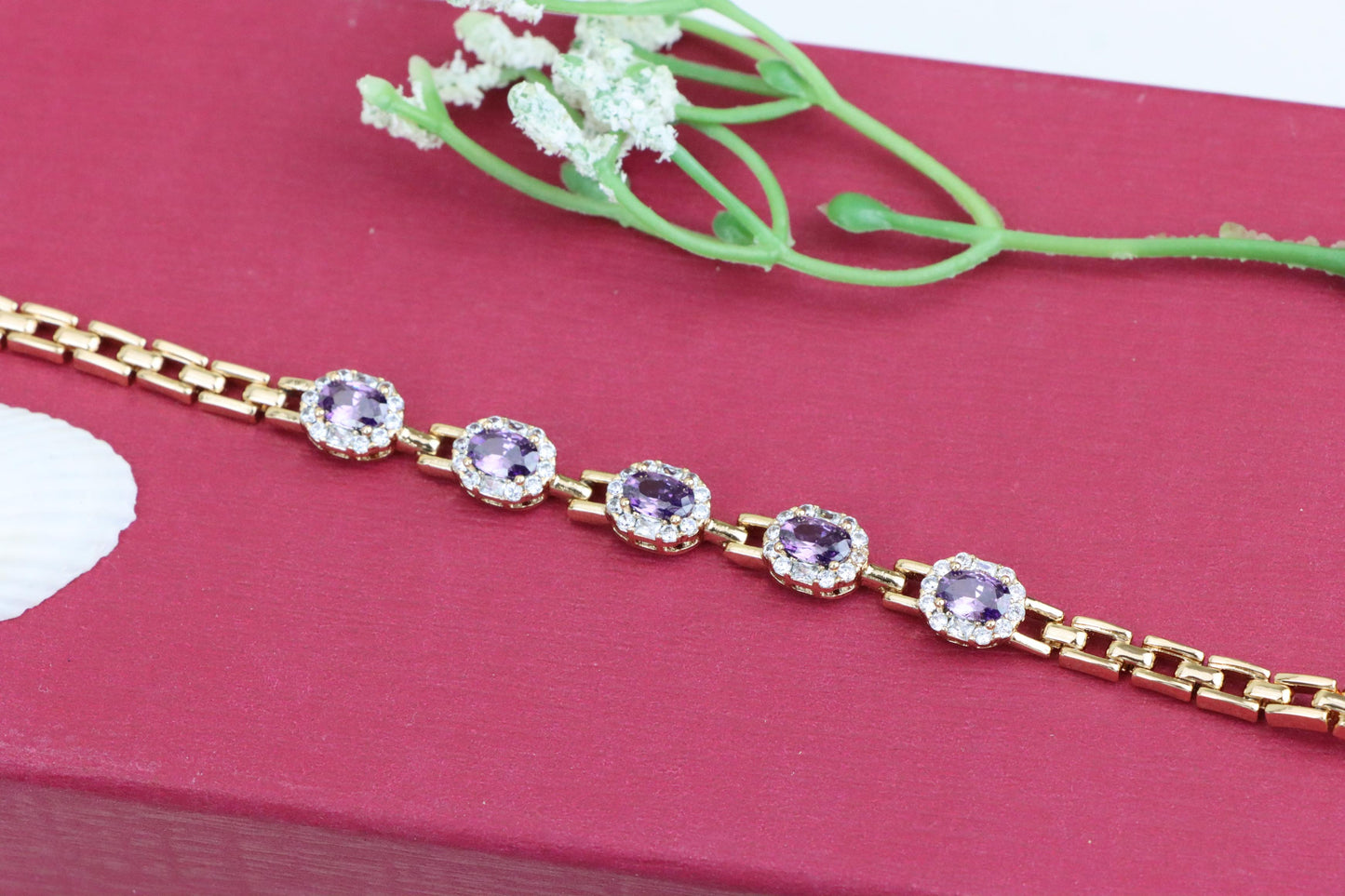 Rose Gold Bracelet with Purple Stones and Halo CZ Accents, XPBL1010 (2101-9)