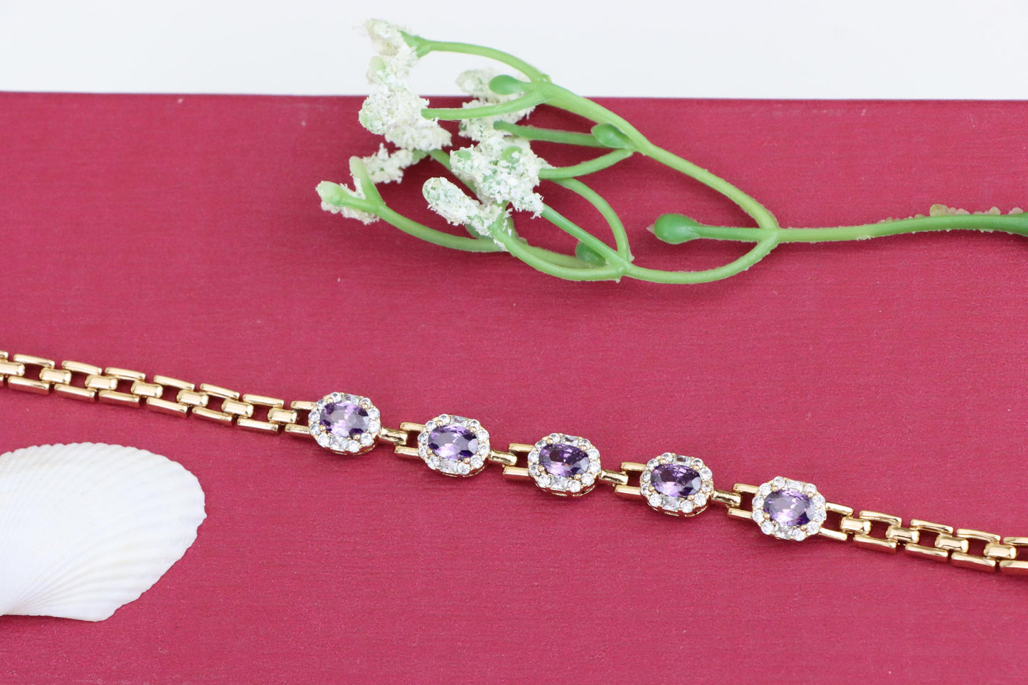 Rose Gold Bracelet with Purple Stones and Halo CZ Accents, XPBL1010 (2101-9)