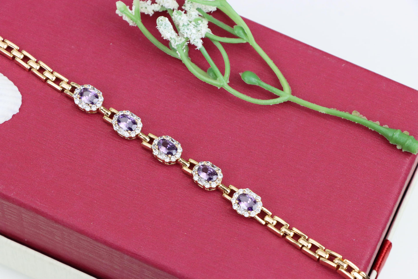 Rose Gold Bracelet with Purple Stones and Halo CZ Accents, XPBL1010 (2101-9)