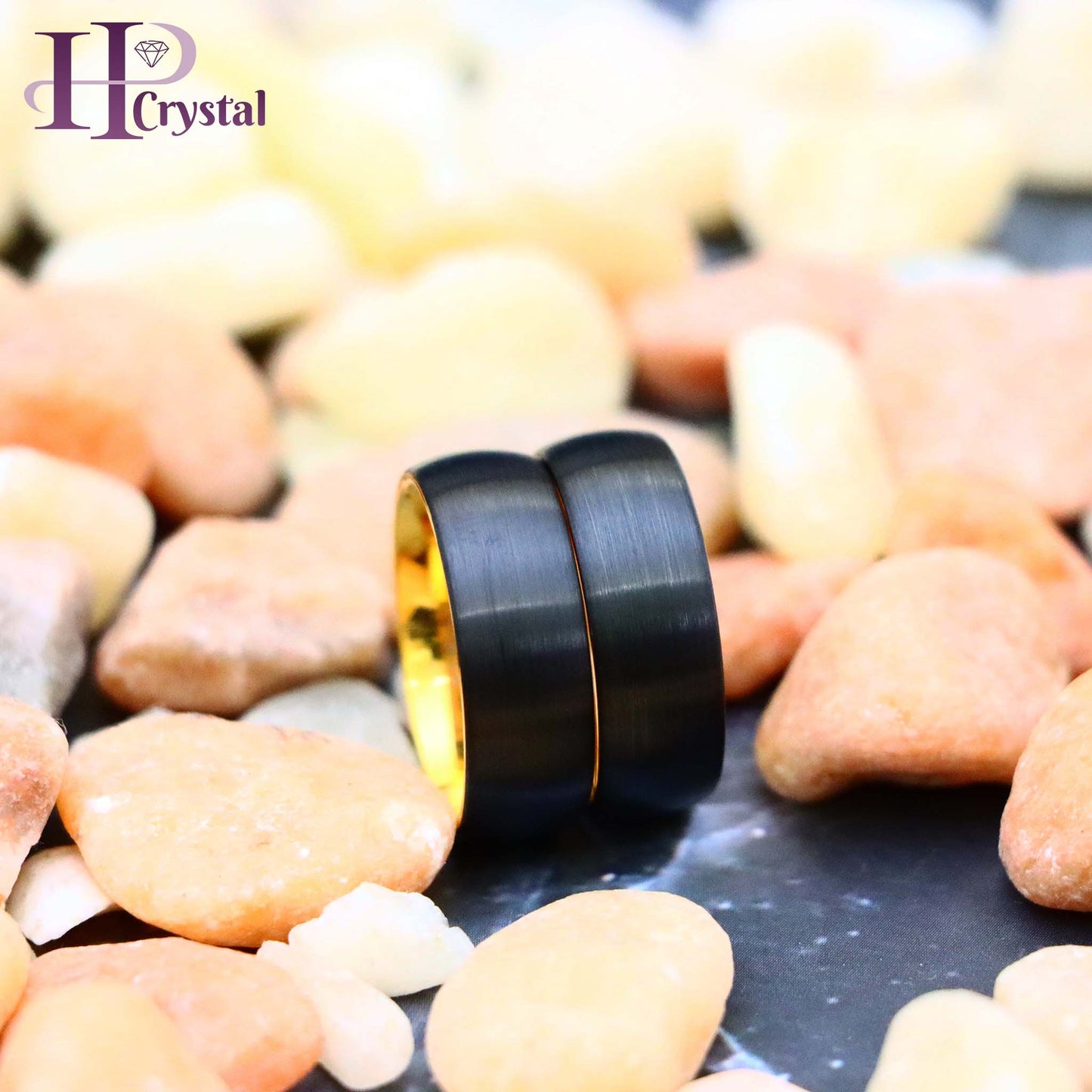 Domed Yellow Gold IP Plated Inside & Black IP Plated Brushed Center Tungsten Ring