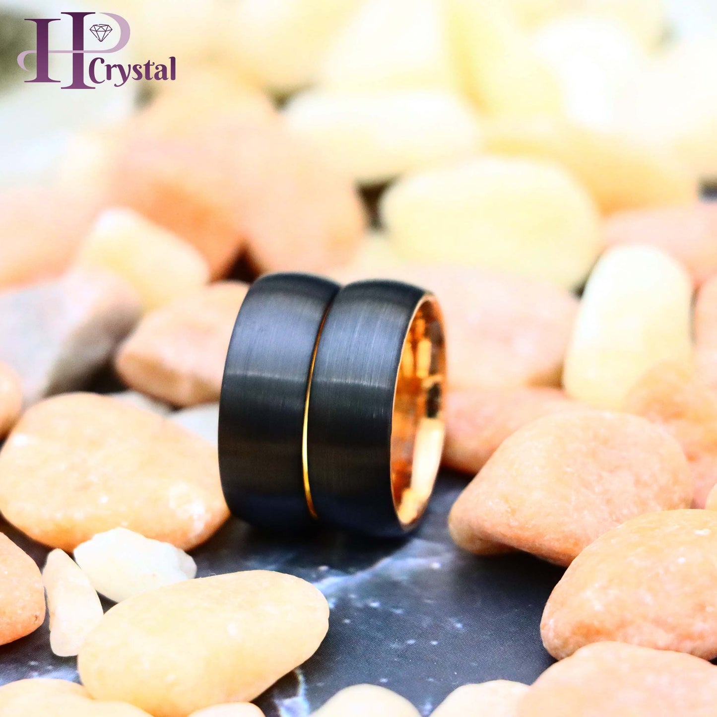 Domed Yellow Gold IP Plated Inside & Black IP Plated Brushed Center Tungsten Ring