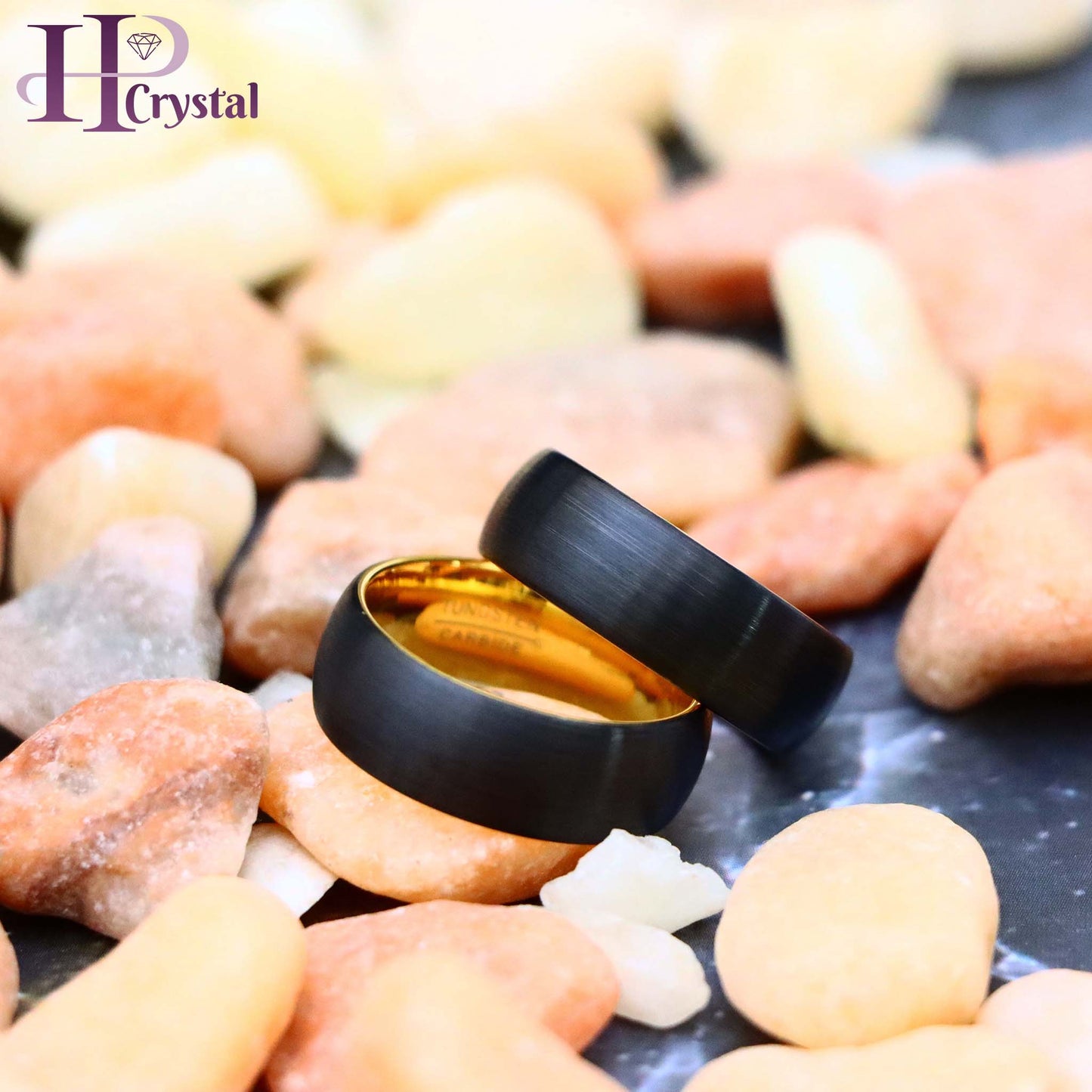 Domed Yellow Gold IP Plated Inside & Black IP Plated Brushed Center Tungsten Ring