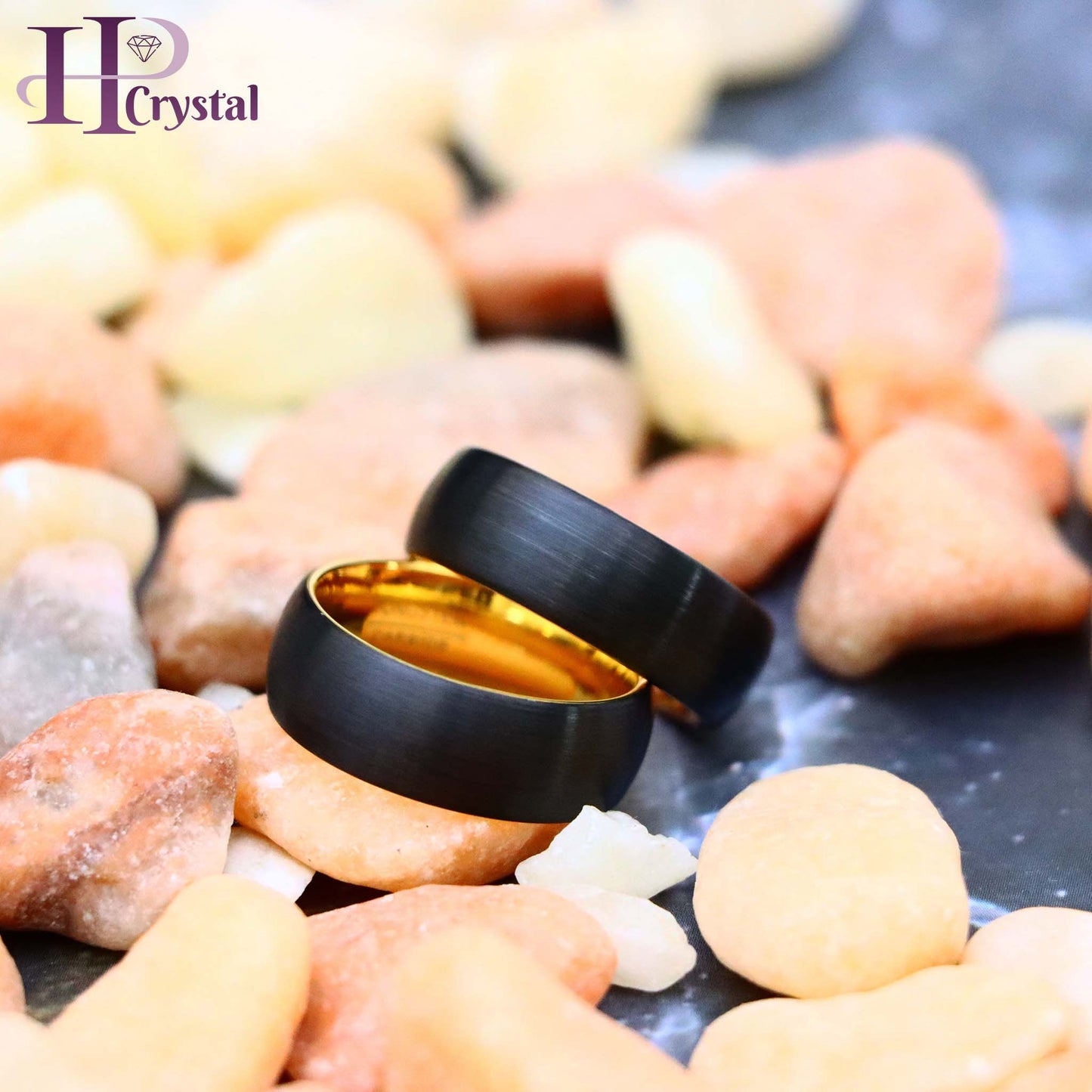 Domed Yellow Gold IP Plated Inside & Black IP Plated Brushed Center Tungsten Ring