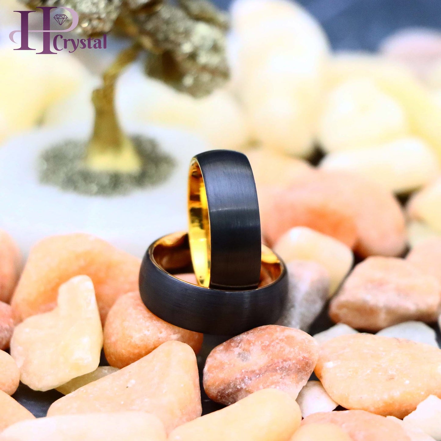 Domed Yellow Gold IP Plated Inside & Black IP Plated Brushed Center Tungsten Ring