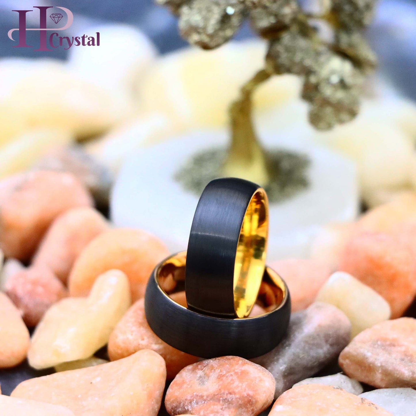 Domed Yellow Gold IP Plated Inside & Black IP Plated Brushed Center Tungsten Ring