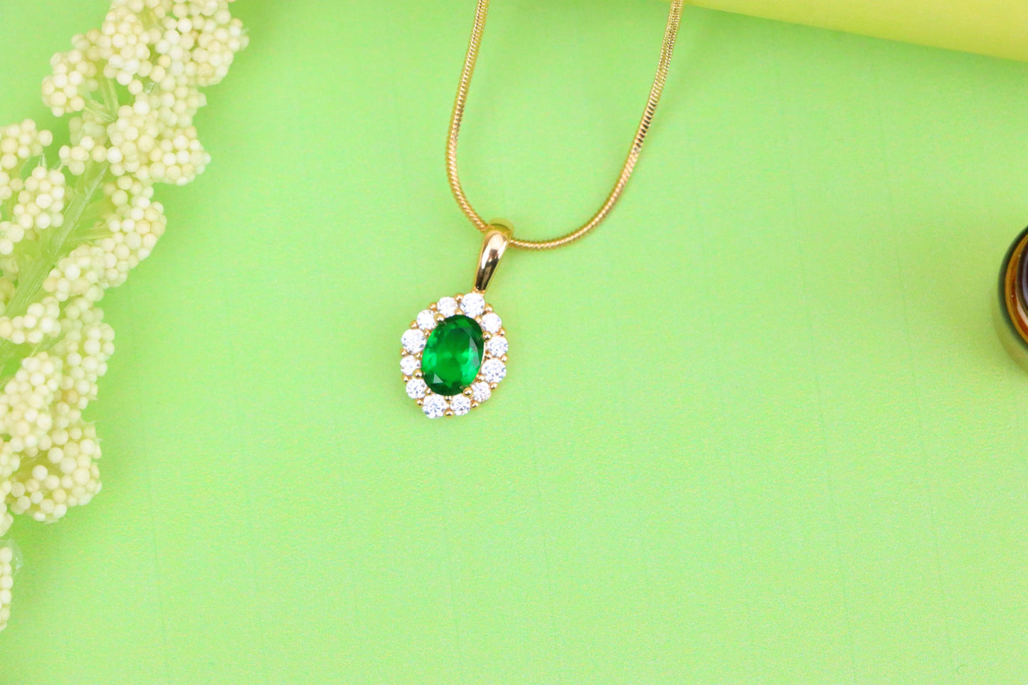 Emerald Green Oval Pendant with Halo in Gold-Plated Brass Finish, XPPT1813 (2153-4)