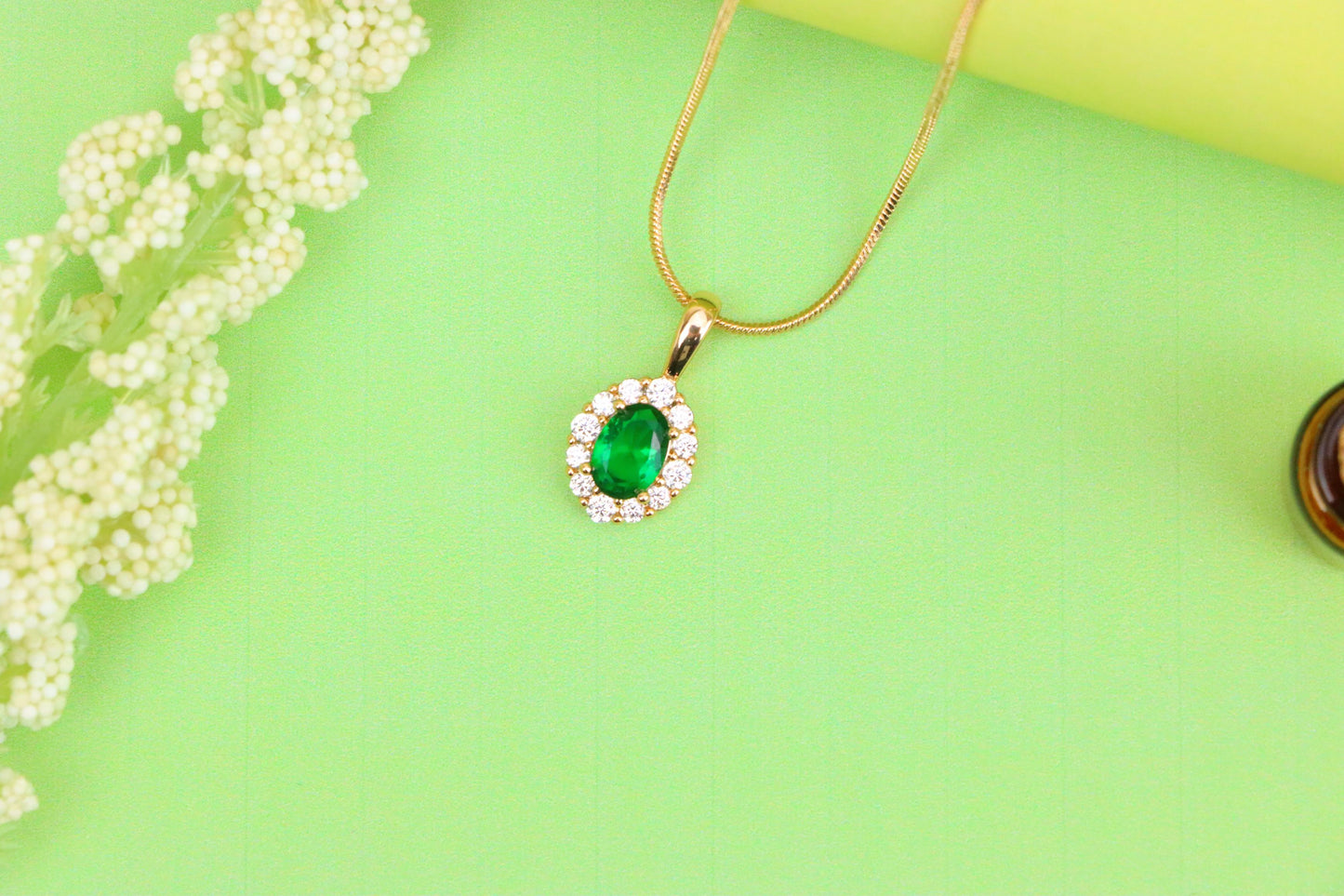 Emerald Green Oval Pendant with Halo in Gold-Plated Brass Finish, XPPT1813 (2153-4)