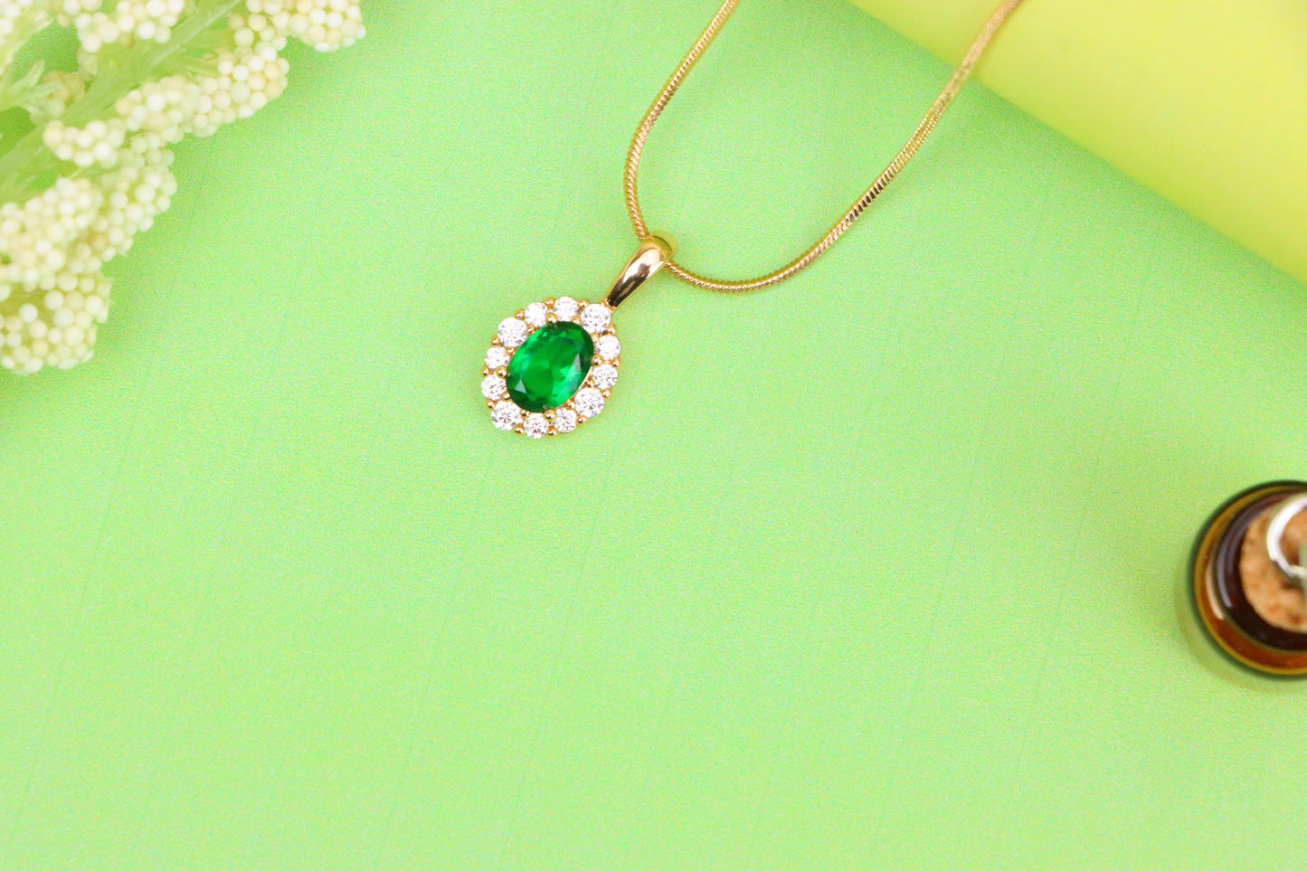 Emerald Green Oval Pendant with Halo in Gold-Plated Brass Finish, XPPT1813 (2153-4)