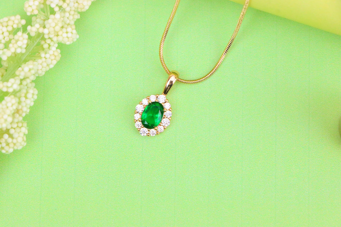 Emerald Green Oval Pendant with Halo in Gold-Plated Brass Finish, XPPT1813 (2153-4)