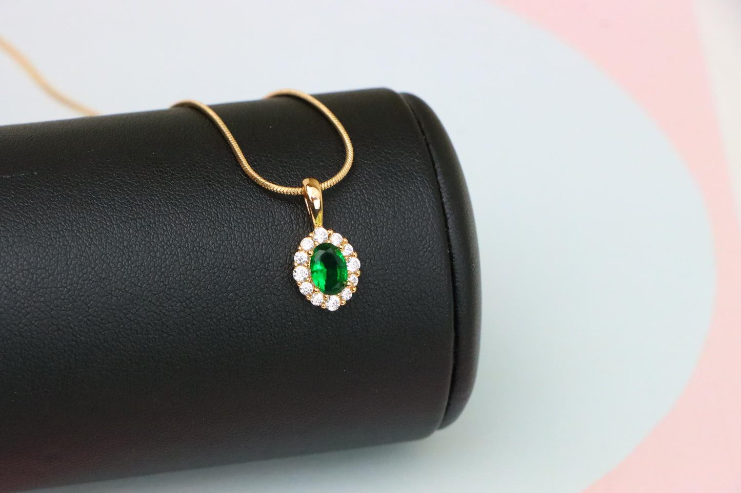 Emerald Green Oval Pendant with Halo in Gold-Plated Brass Finish, XPPT1813 (2153-4)