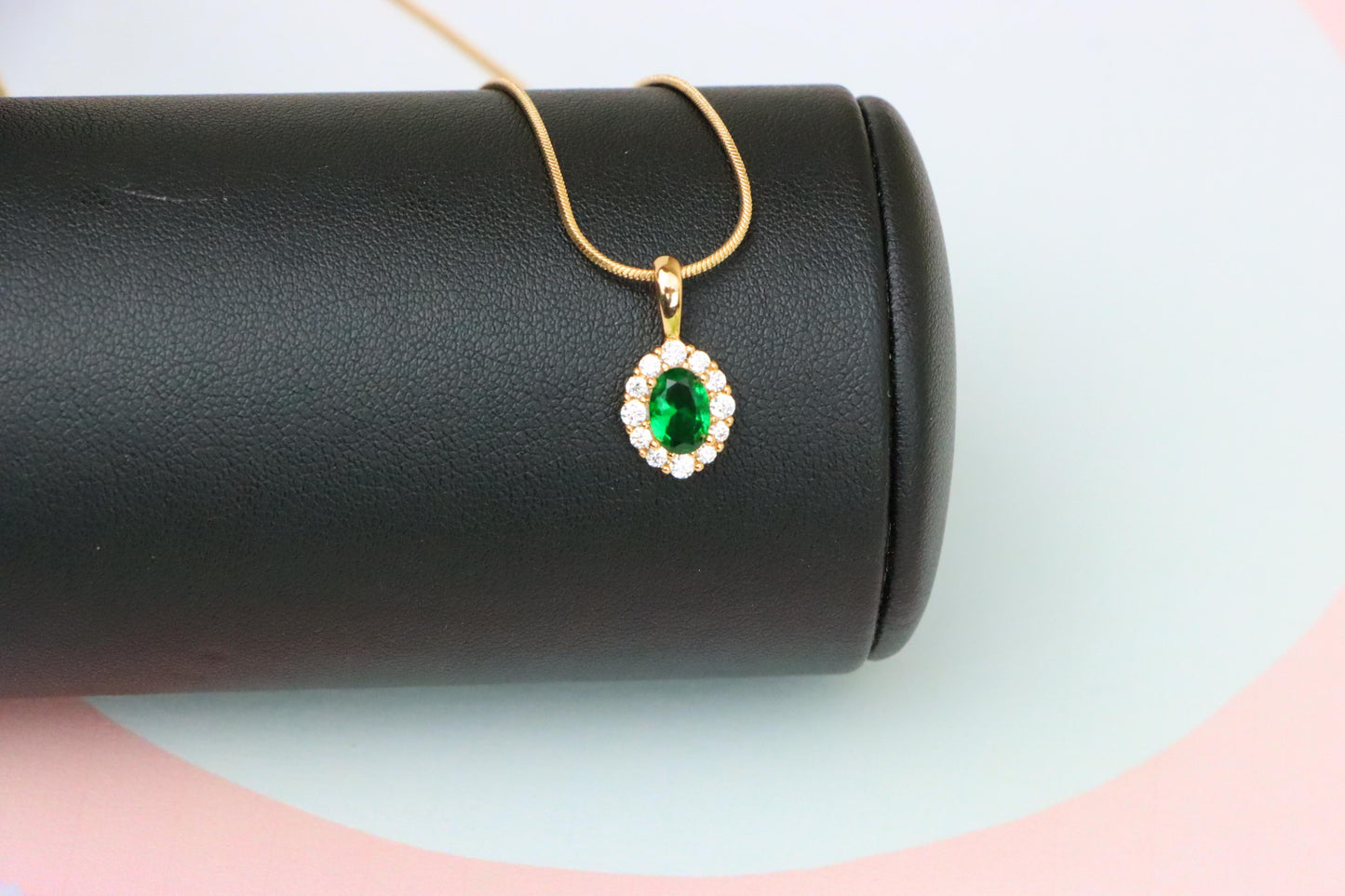 Emerald Green Oval Pendant with Halo in Gold-Plated Brass Finish, XPPT1813 (2153-4)