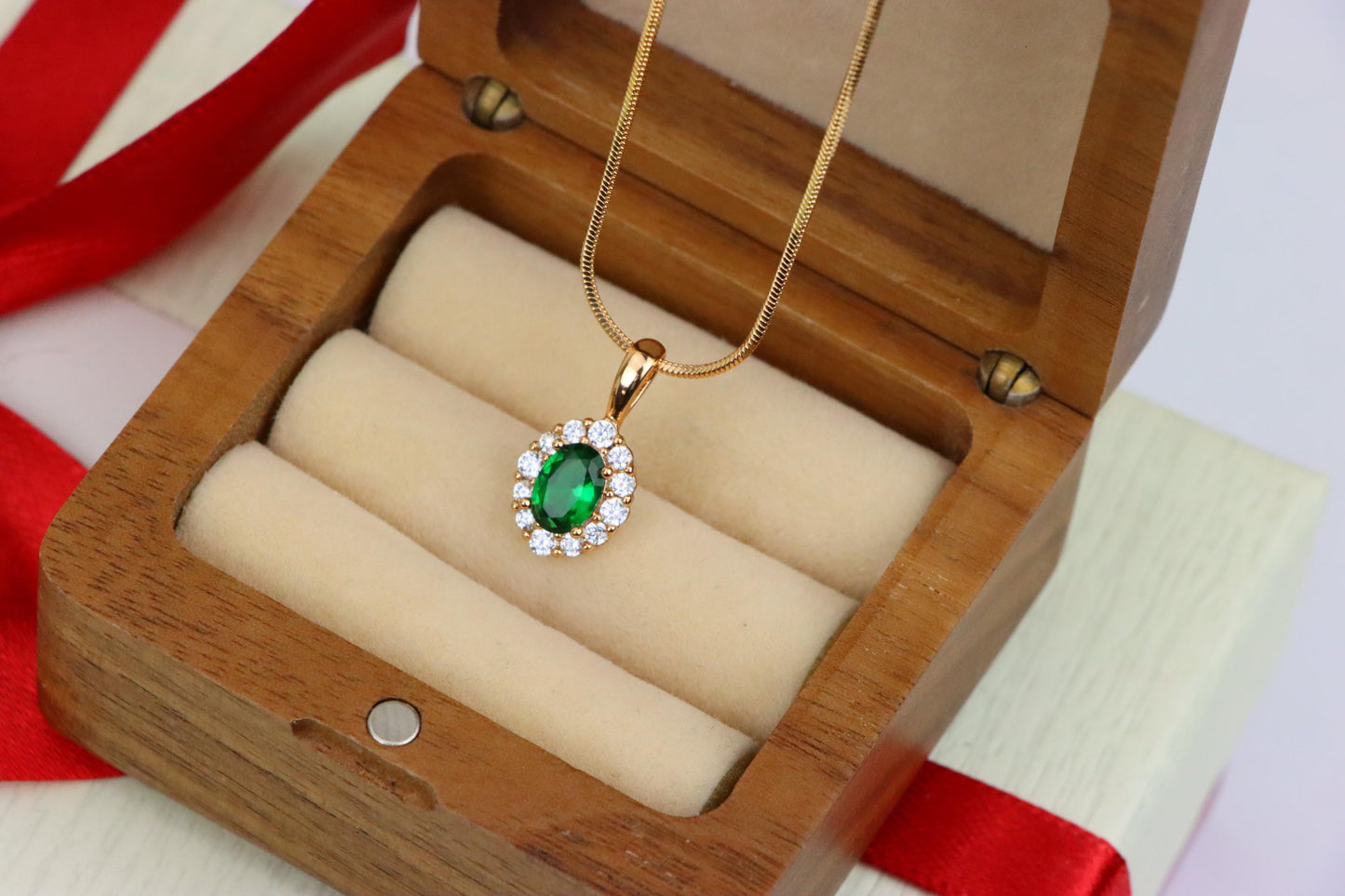 Emerald Green Oval Pendant with Halo in Gold-Plated Brass Finish, XPPT1813 (2153-4)