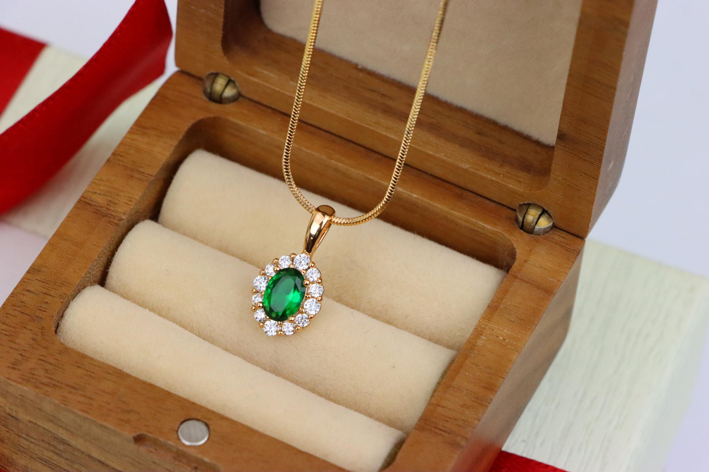 Emerald Green Oval Pendant with Halo in Gold-Plated Brass Finish, XPPT1813 (2153-4)
