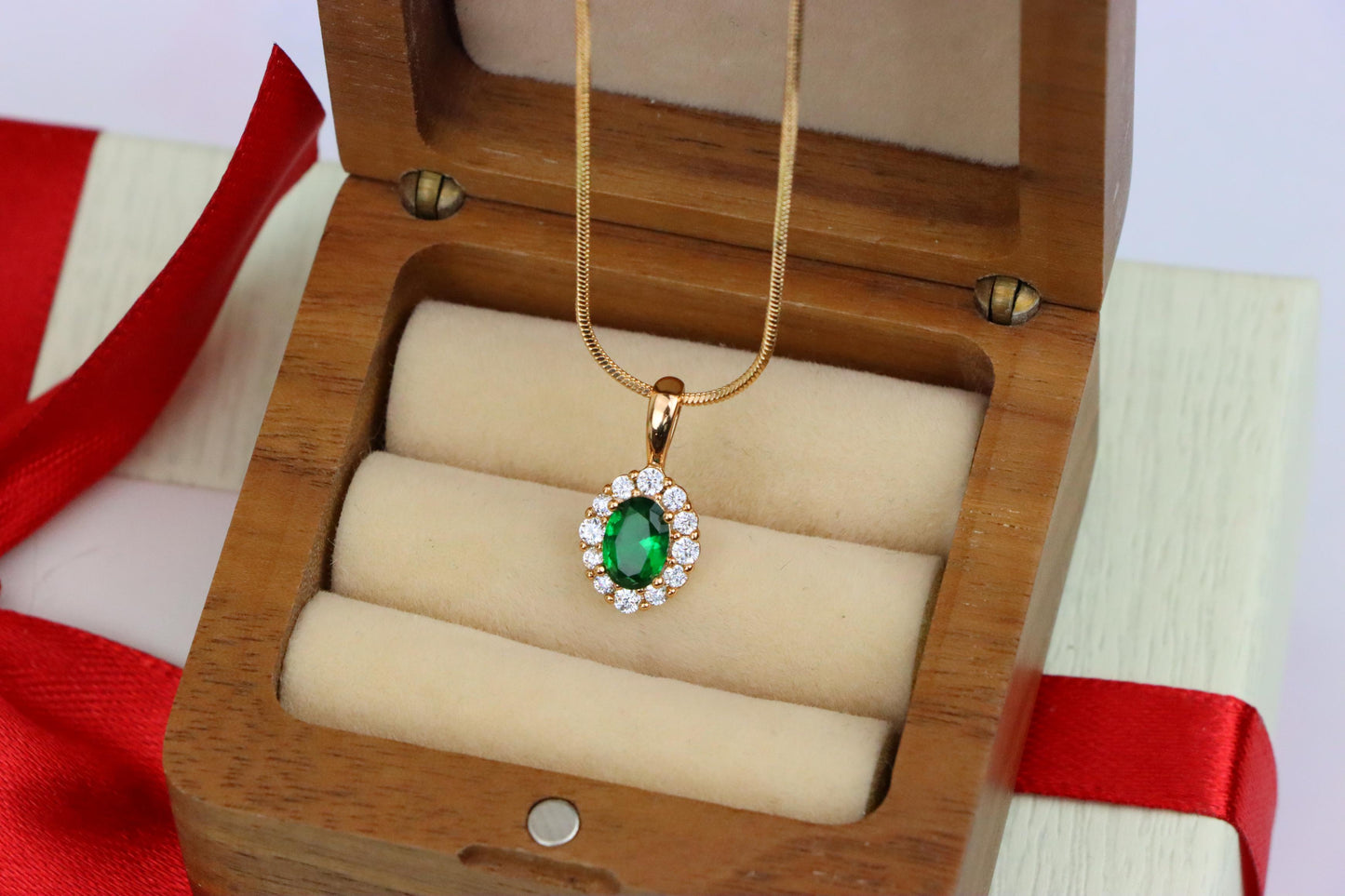 Emerald Green Oval Pendant with Halo in Gold-Plated Brass Finish, XPPT1813 (2153-4)