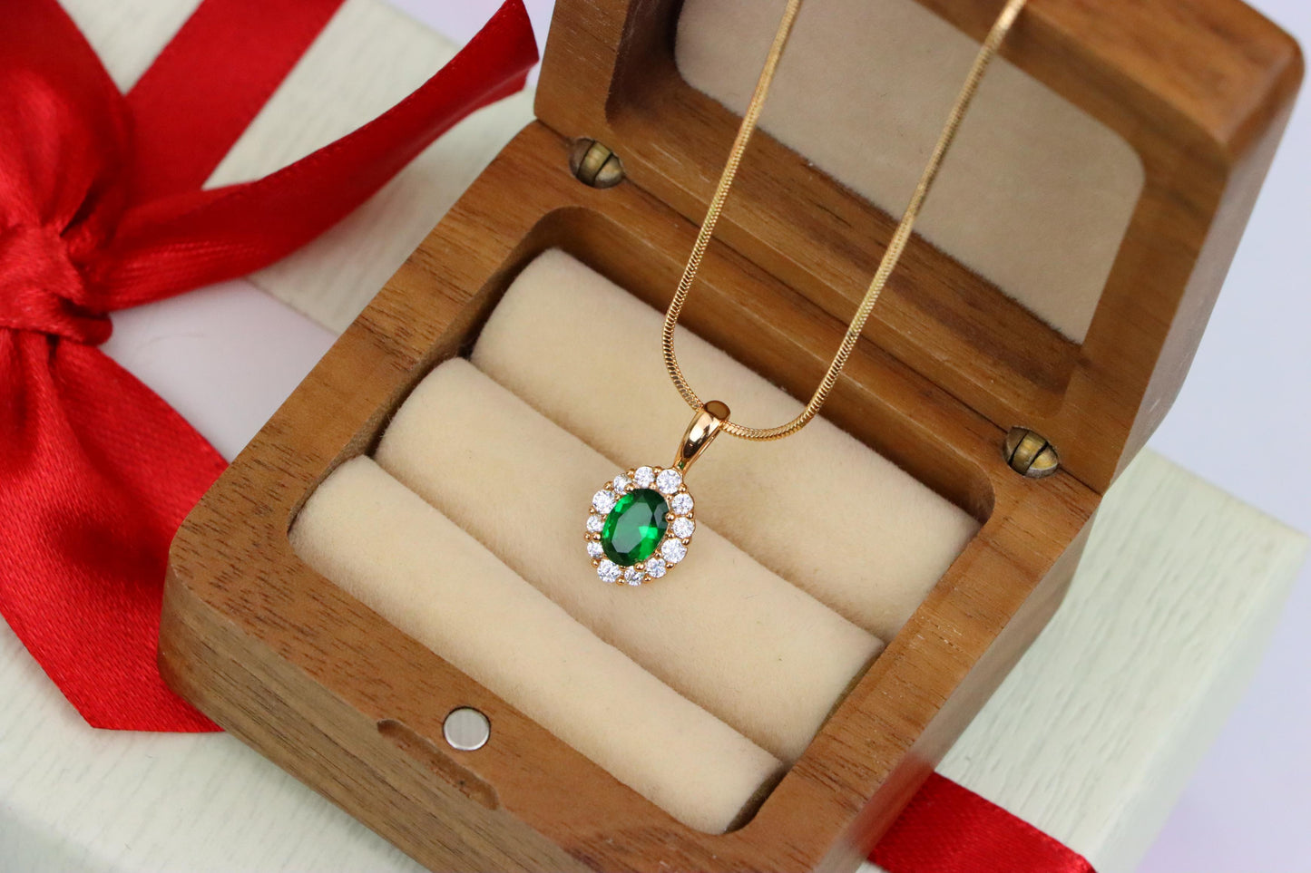 Emerald Green Oval Pendant with Halo in Gold-Plated Brass Finish, XPPT1813 (2153-4)
