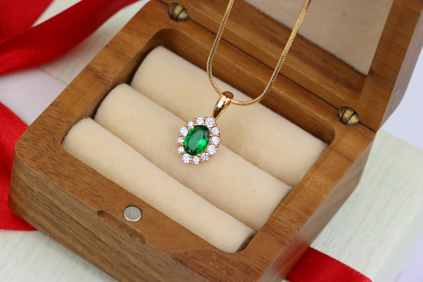 Emerald Green Oval Pendant with Halo in Gold-Plated Brass Finish, XPPT1813 (2153-4)