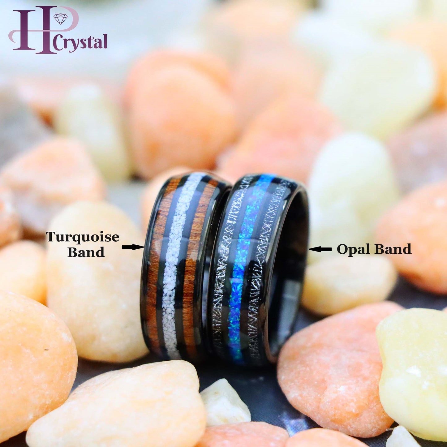 Black Tungsten Ring – Koa Wood & Crushed White Turquoise Opal Inlay, Unique & Durable Wedding Band