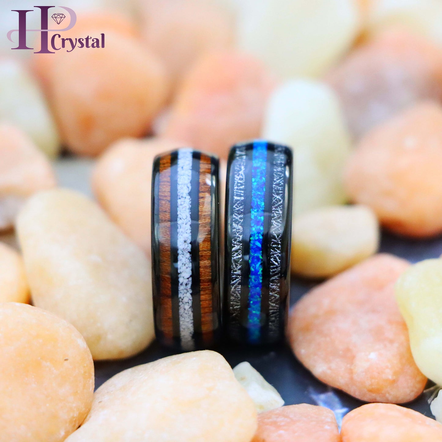 Black Tungsten Ring – Koa Wood & Crushed White Turquoise Opal Inlay, Unique & Durable Wedding Band