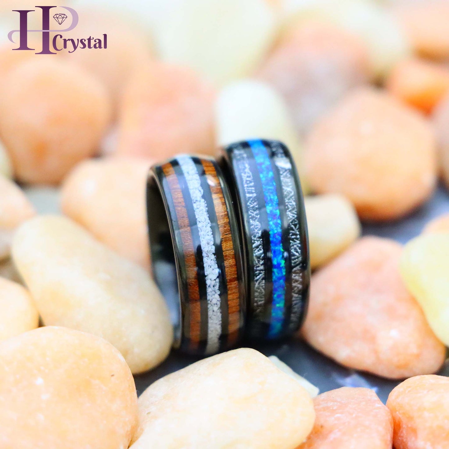 Black Tungsten Ring – Koa Wood & Crushed White Turquoise Opal Inlay, Unique & Durable Wedding Band