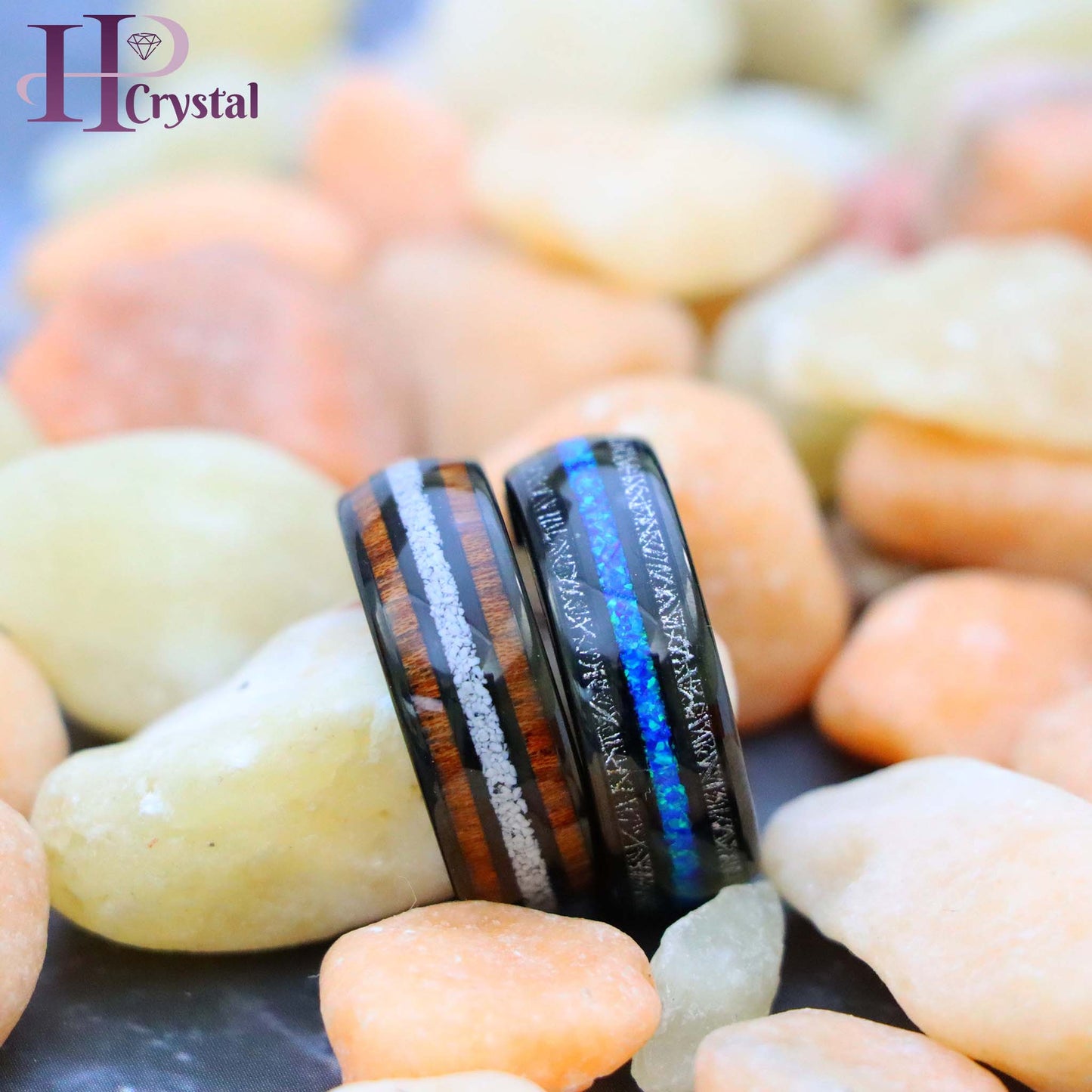 Black Tungsten Ring – Koa Wood & Crushed White Turquoise Opal Inlay, Unique & Durable Wedding Band