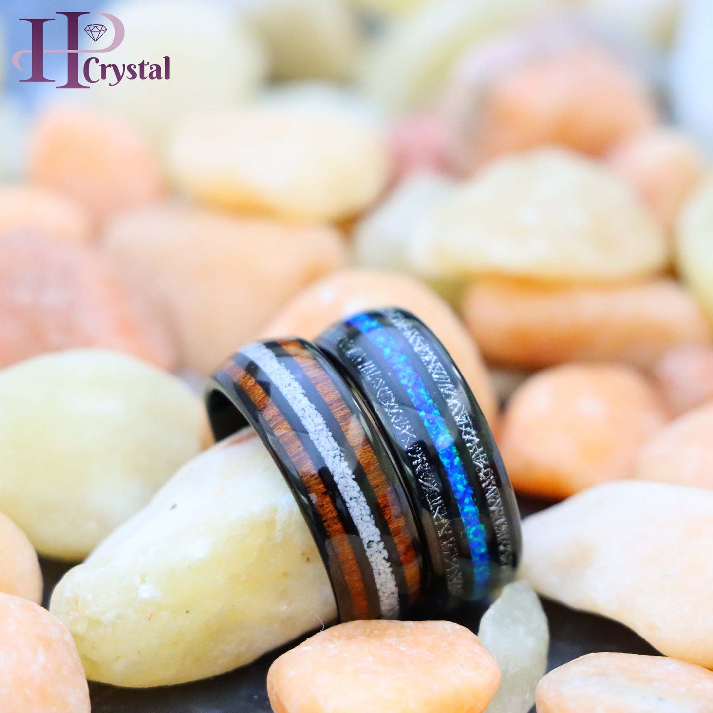 Black Tungsten Ring – Koa Wood & Crushed White Turquoise Opal Inlay, Unique & Durable Wedding Band