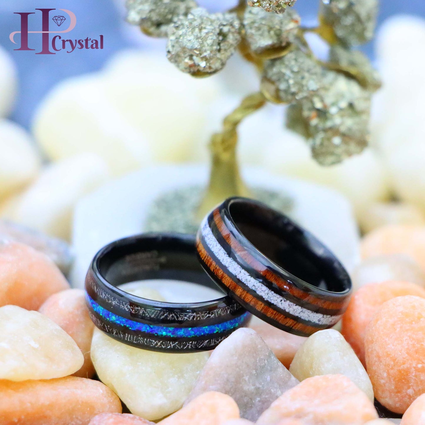 Black Tungsten Ring – Koa Wood & Crushed White Turquoise Opal Inlay, Unique & Durable Wedding Band