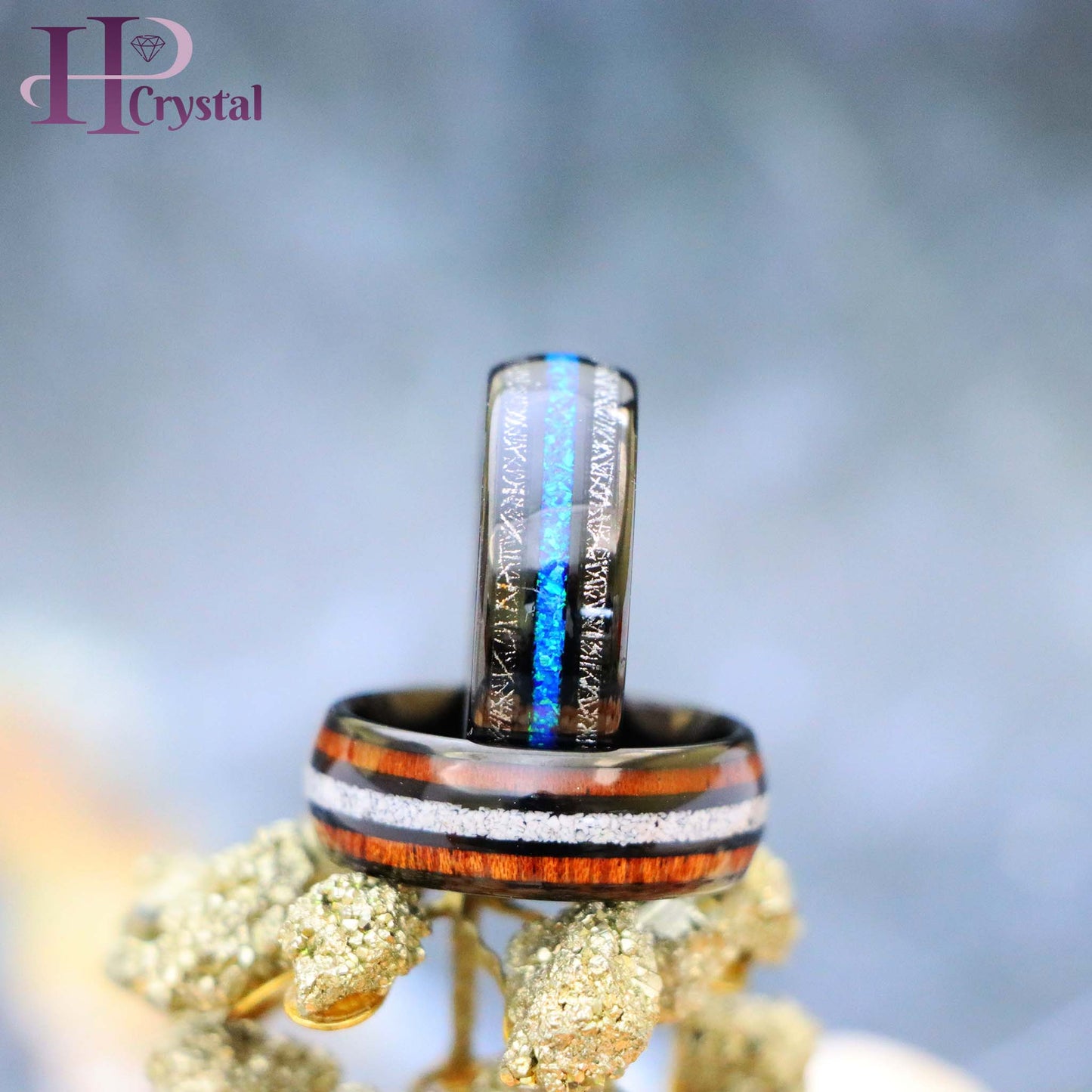 Black Tungsten Ring – Koa Wood & Crushed White Turquoise Opal Inlay, Unique & Durable Wedding Band