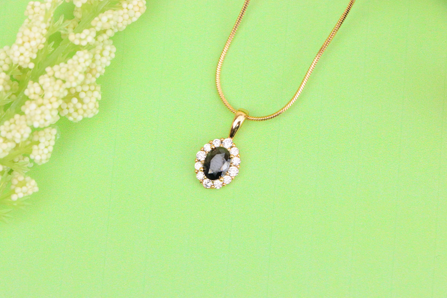 Black Oval Pendant with Sparkling Halo in Gold-Plated Brass Setting, XPPT1814 (2153-4)
