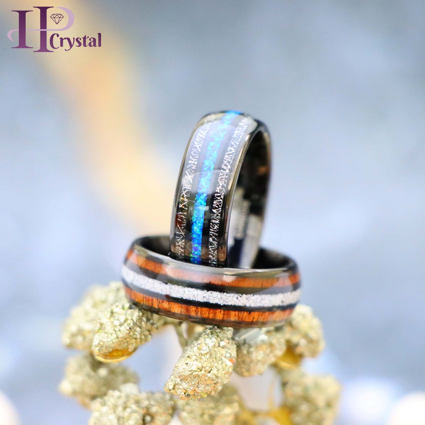 Black Tungsten Ring – Koa Wood & Crushed White Turquoise Opal Inlay, Unique & Durable Wedding Band