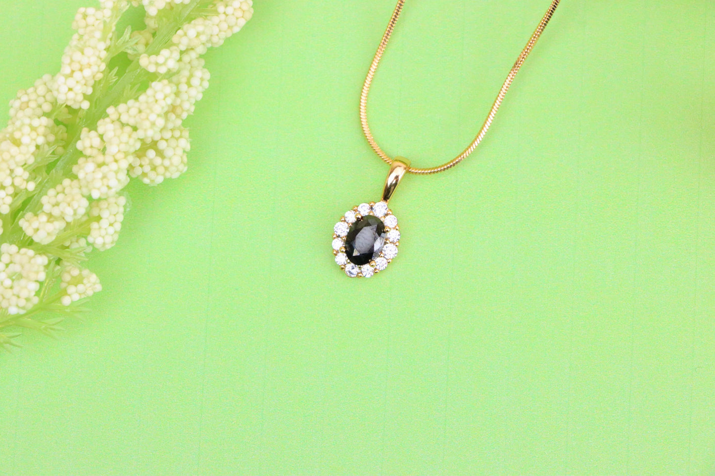 Black Oval Pendant with Sparkling Halo in Gold-Plated Brass Setting, XPPT1814 (2153-4)