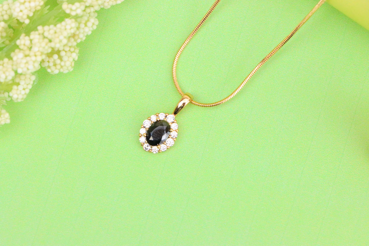 Black Oval Pendant with Sparkling Halo in Gold-Plated Brass Setting, XPPT1814 (2153-4)