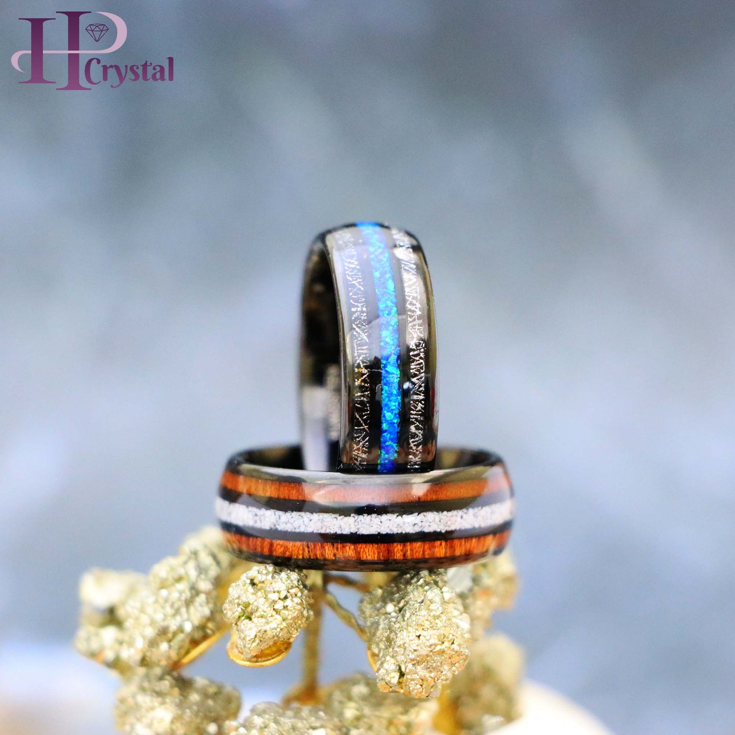 Black Tungsten Ring – Koa Wood & Crushed White Turquoise Opal Inlay, Unique & Durable Wedding Band