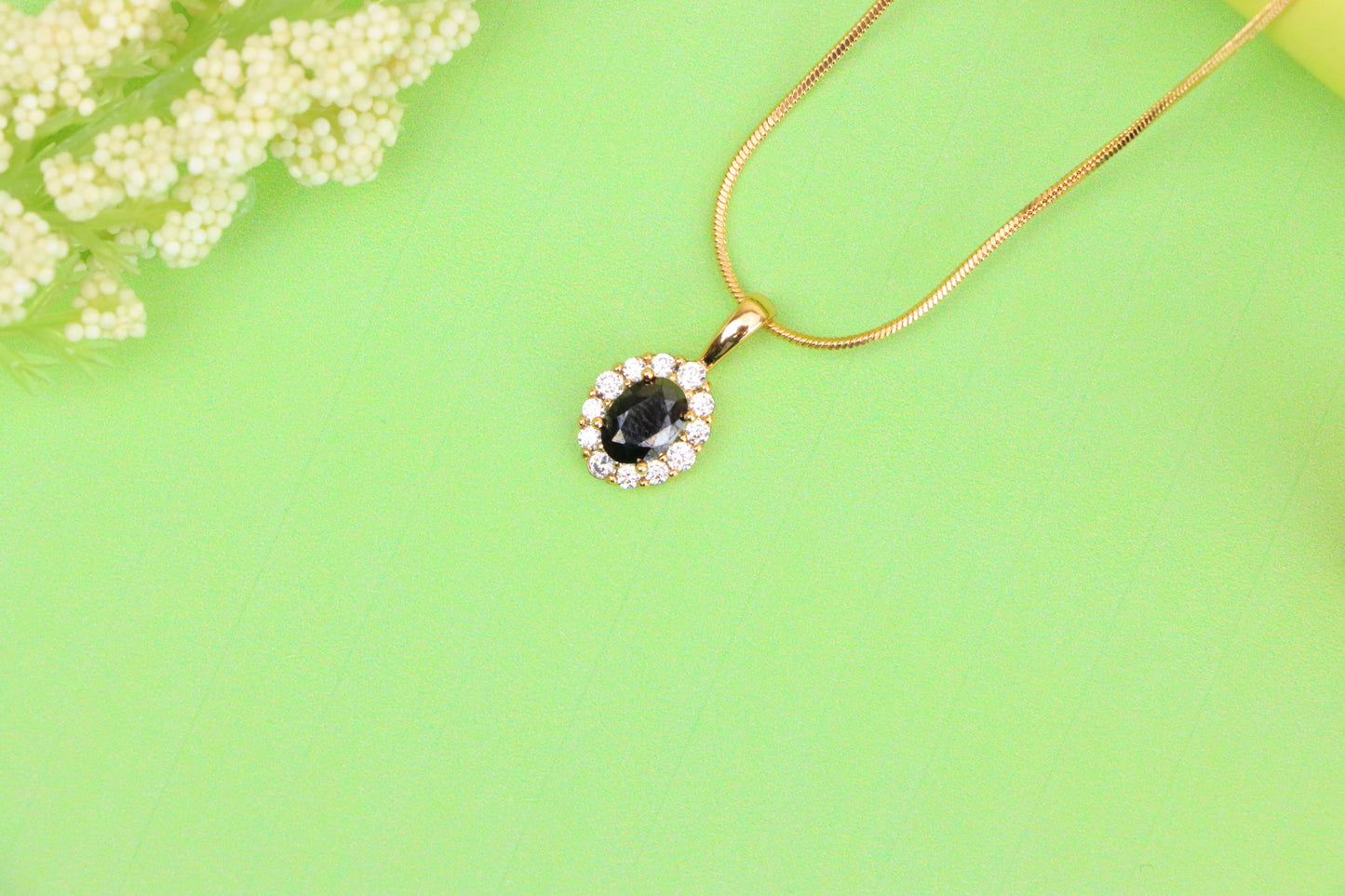 Black Oval Pendant with Sparkling Halo in Gold-Plated Brass Setting, XPPT1814 (2153-4)