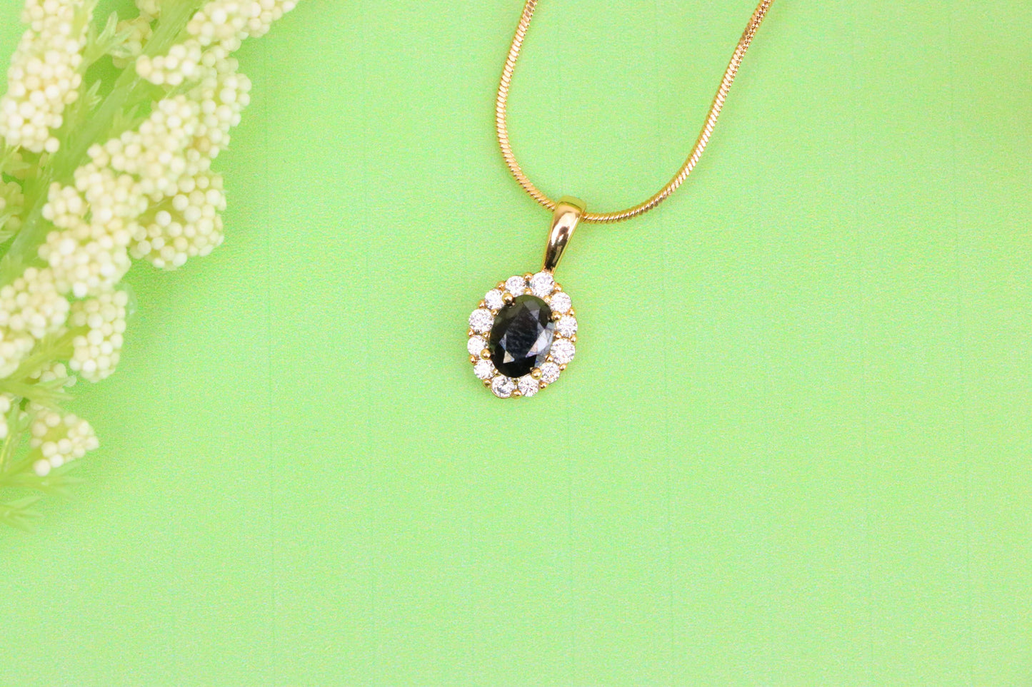 Black Oval Pendant with Sparkling Halo in Gold-Plated Brass Setting, XPPT1814 (2153-4)