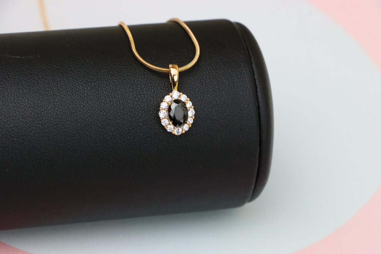 Black Oval Pendant with Sparkling Halo in Gold-Plated Brass Setting, XPPT1814 (2153-4)
