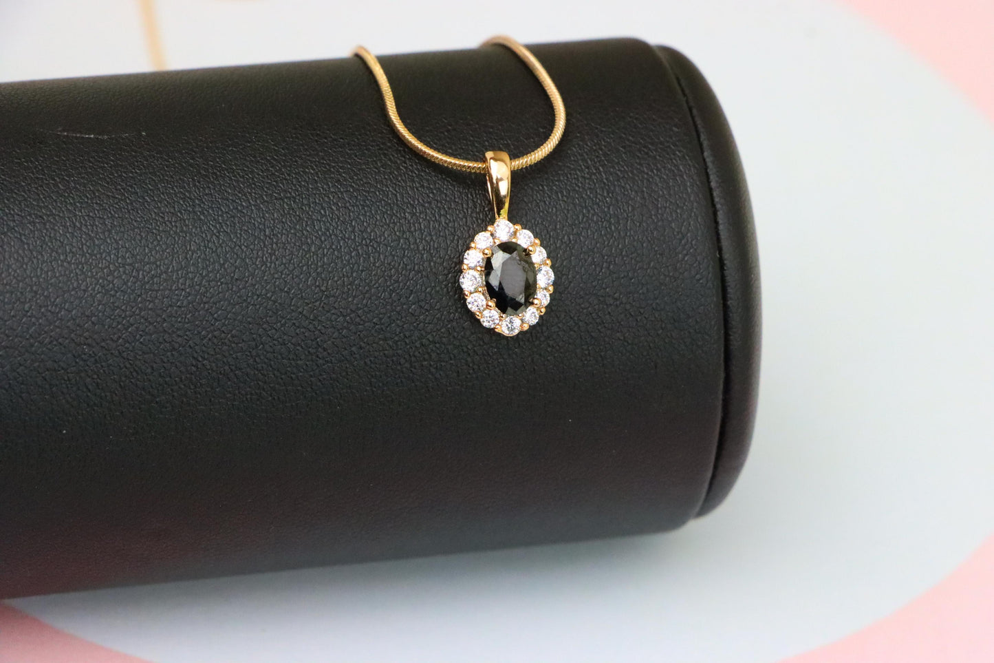 Black Oval Pendant with Sparkling Halo in Gold-Plated Brass Setting, XPPT1814 (2153-4)