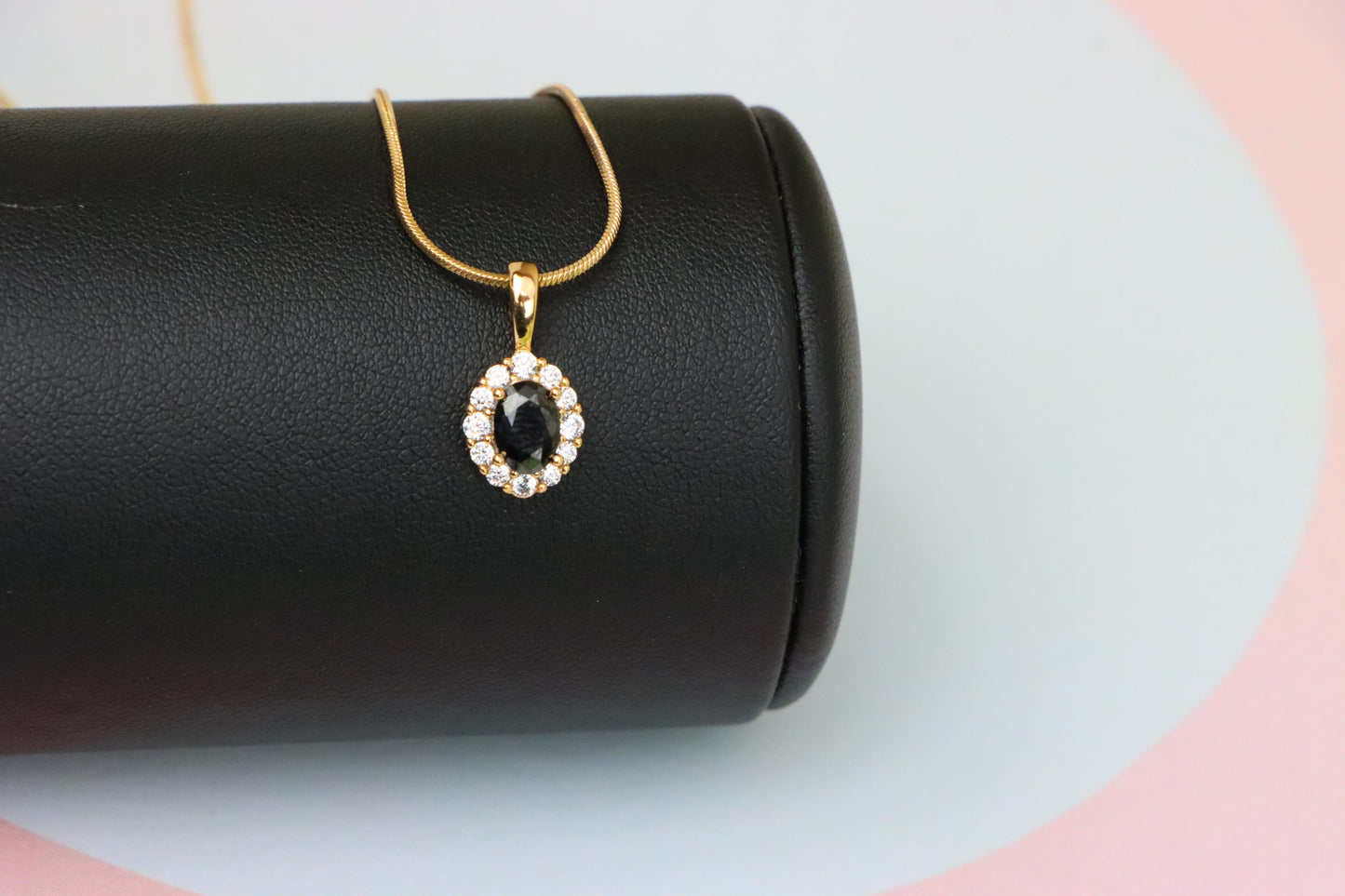 Black Oval Pendant with Sparkling Halo in Gold-Plated Brass Setting, XPPT1814 (2153-4)