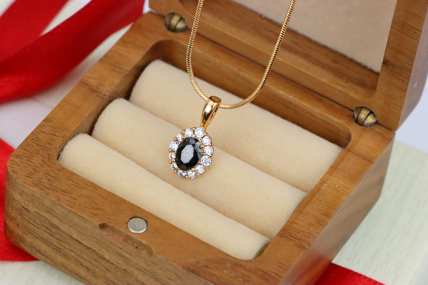Black Oval Pendant with Sparkling Halo in Gold-Plated Brass Setting, XPPT1814 (2153-4)