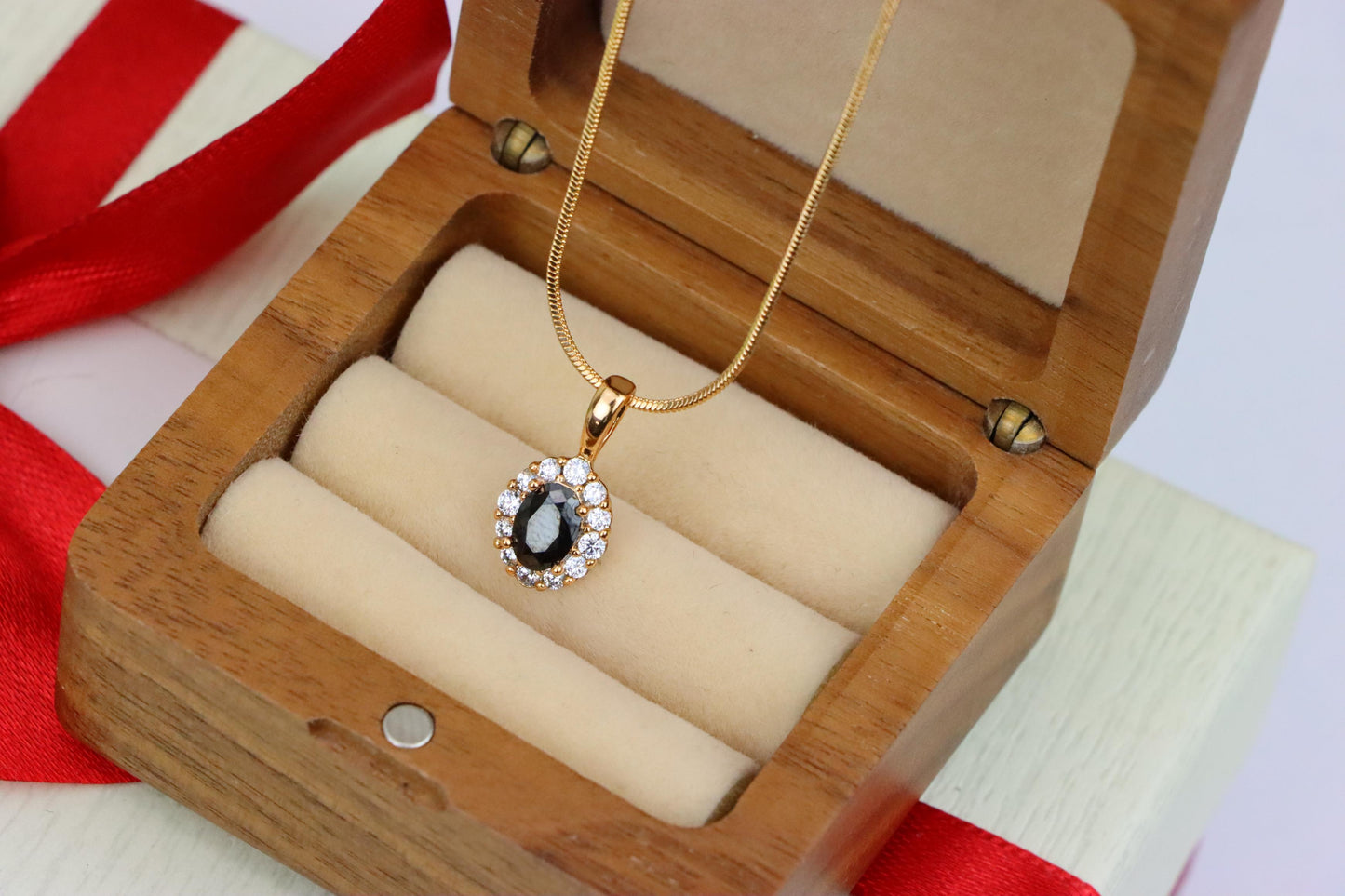 Black Oval Pendant with Sparkling Halo in Gold-Plated Brass Setting, XPPT1814 (2153-4)