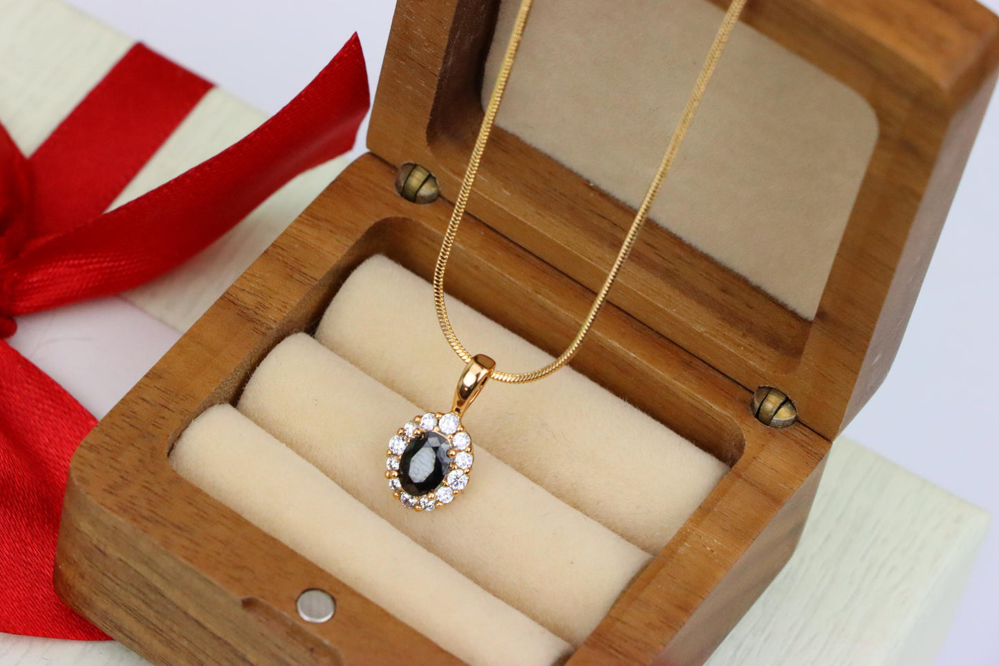 Black Oval Pendant with Sparkling Halo in Gold-Plated Brass Setting, XPPT1814 (2153-4)