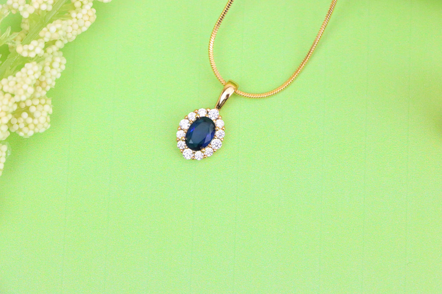 Royal Blue Oval Pendant with Halo in Gold-Plated Brass Setting, XPPT1815 (2153-4)