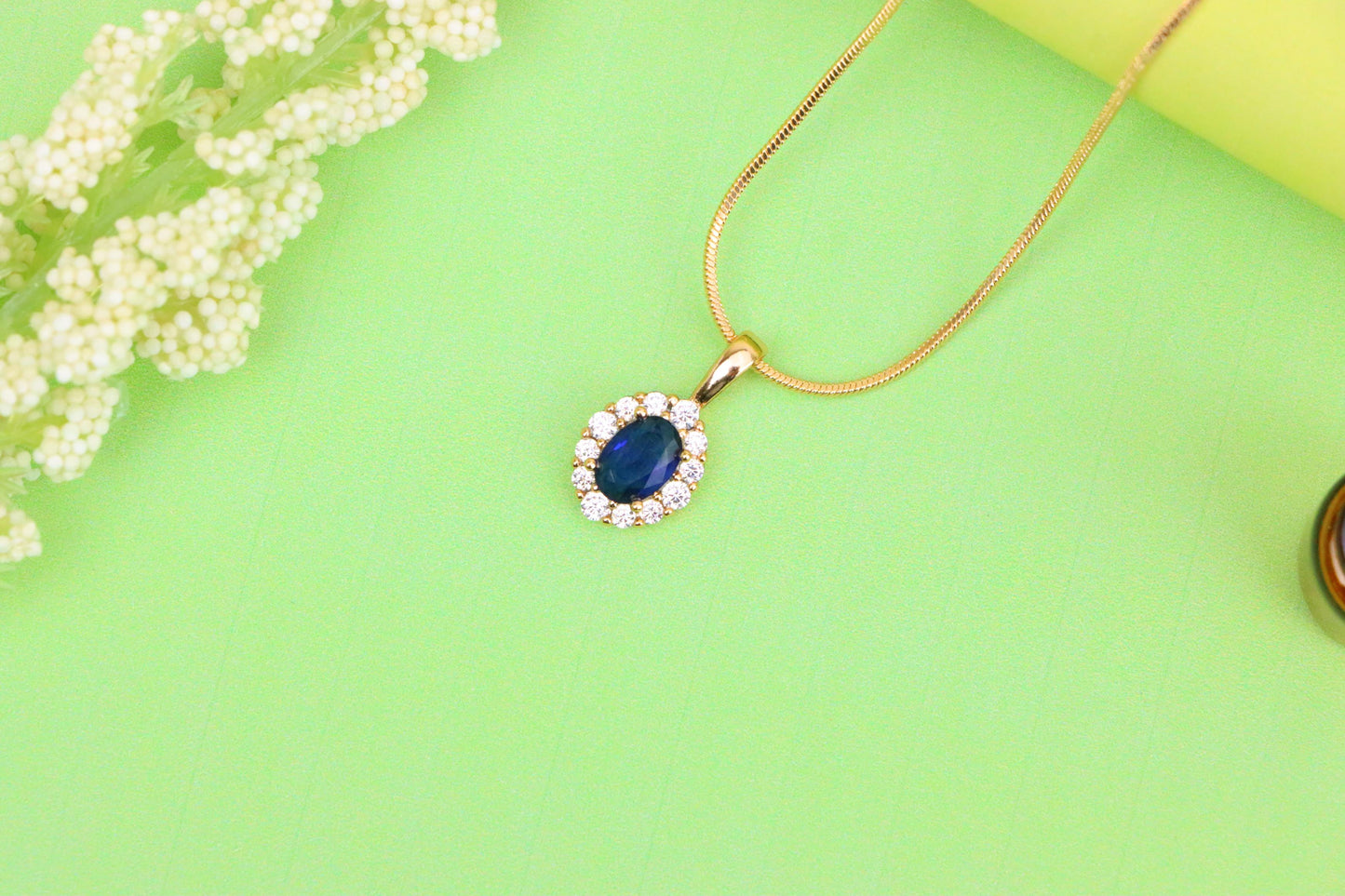 Royal Blue Oval Pendant with Halo in Gold-Plated Brass Setting, XPPT1815 (2153-4)