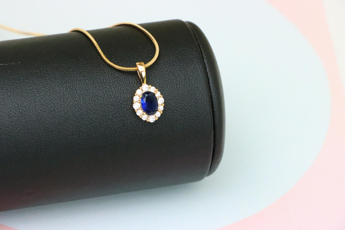 Royal Blue Oval Pendant with Halo in Gold-Plated Brass Setting, XPPT1815 (2153-4)