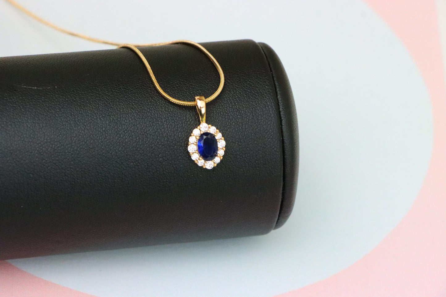 Royal Blue Oval Pendant with Halo in Gold-Plated Brass Setting, XPPT1815 (2153-4)