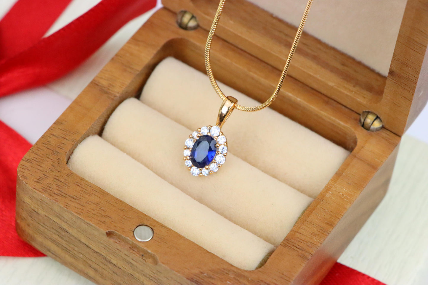 Royal Blue Oval Pendant with Halo in Gold-Plated Brass Setting, XPPT1815 (2153-4)