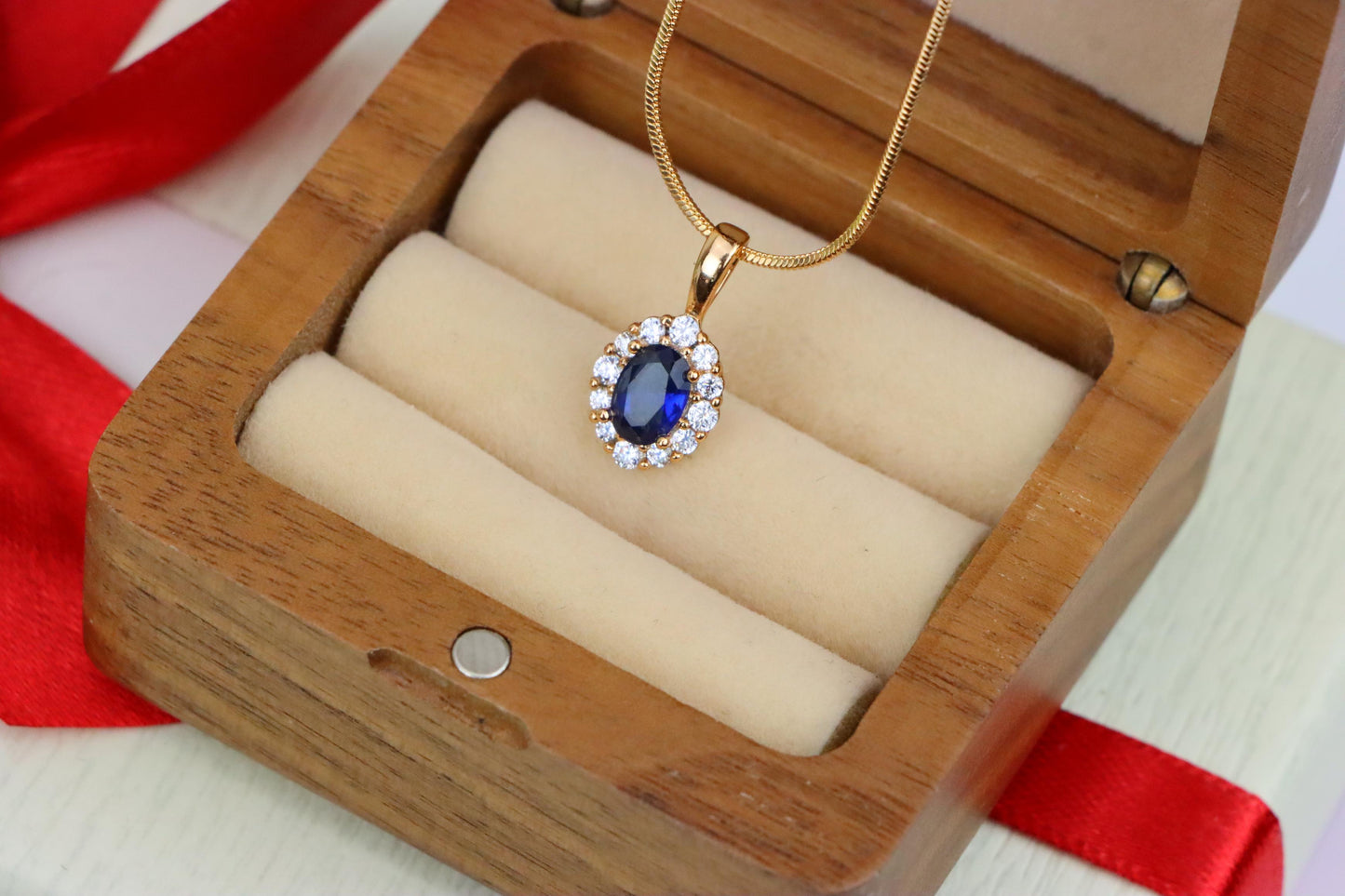 Royal Blue Oval Pendant with Halo in Gold-Plated Brass Setting, XPPT1815 (2153-4)