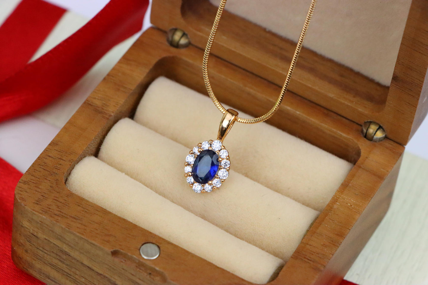 Royal Blue Oval Pendant with Halo in Gold-Plated Brass Setting, XPPT1815 (2153-4)