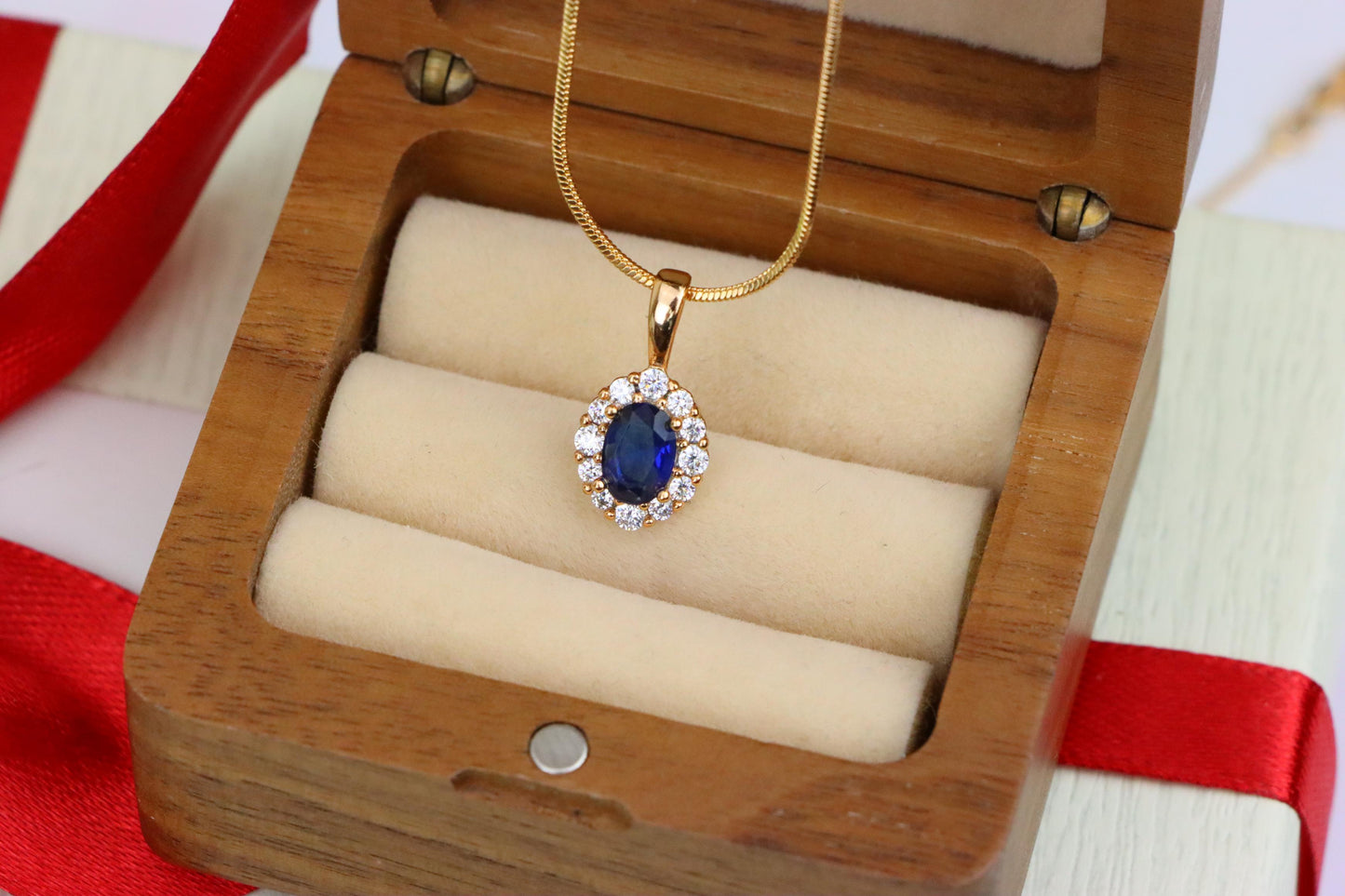 Royal Blue Oval Pendant with Halo in Gold-Plated Brass Setting, XPPT1815 (2153-4)